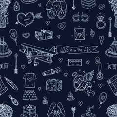 Seamless pattern with cute hand drawn Valentines Day icons. Love collection. Vector