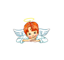 Engel Engelchen niedlich süß hübsch rothaarig Kind Baby Junge liegt lächelnd Lachen weiße Flügel Federn Vorlage Logo Design Freude freudig Liebe Zuneigung heilig Begleiter Beschützer Bewacher 
