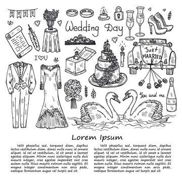 Illustration with cute hand drawn Wedding icons. Love collection. Vector