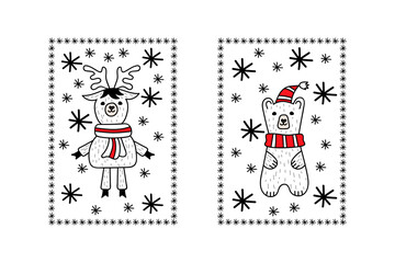 Cartoon xmas card with deer and bear. Christmas symbol. Vector stock illustration. EPS 10