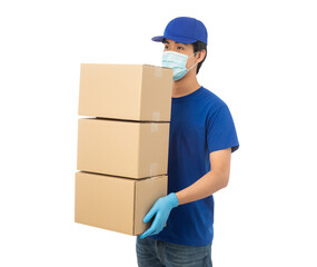 Young Delivery man wearing mask and medical gloves holding paper cardboard box mockup isolated on white background with clipping path.