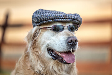 Golden Retriever Portrait mit Sonnenbrille und Mütze 
