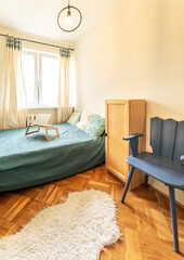 Interior with wooden furniture, students room, kitchen