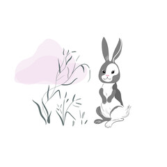 Cute rabbit in oriental style with a grass and pink cloud on a white background. White hare with gray spots. 