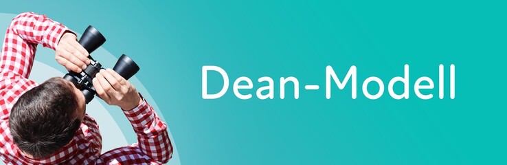 Fototapeta premium Dean-Modell. Mann bei Beobachtung mit Fernglas. Fokus auf Text/Wort. Panorama Format. Hintergrund blau/türkis.