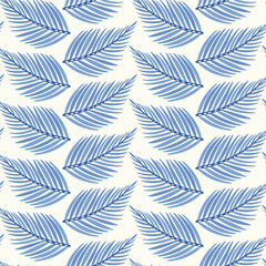 Palm pattern background. Cute vector tropical foliage design in blue.