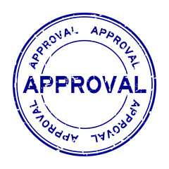 Grunge blue approval word round rubber seal stamp on white background
