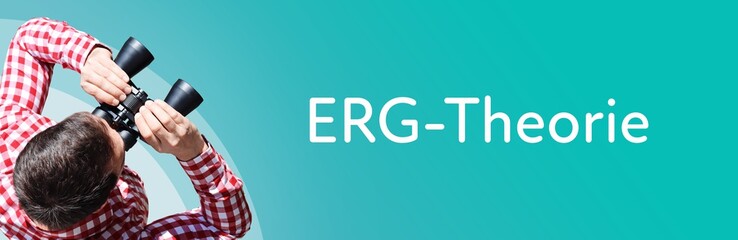 Fototapeta premium ERG-Theorie. Mann bei Beobachtung mit Fernglas. Fokus auf Text/Wort. Panorama Format. Hintergrund blau/türkis.