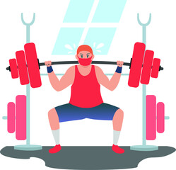 Fototapeta premium Strong masked man doing fitness using huge barbell for building his arm muscles illustration