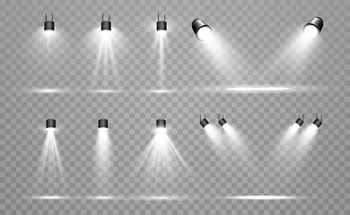 Searchlight collection for stage lighting, light transparent effects. Bright beautiful lighting with spotlights.