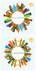 London England and Manchester City Skylines Set with Color Buildings, Blue Sky and Copy Space.