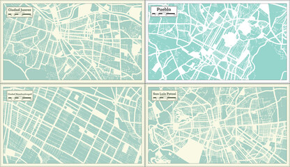 Ciudad Nezahualcoyotl, Puebla, San Luis Potosi and Ciudad Juarez Mexico City Maps Set in Retro Style.