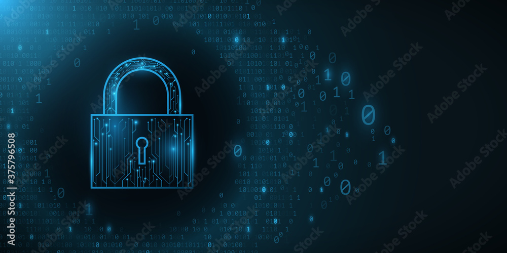 Poster futuristic security lock from a computer circuit board. glowing binary code on a dark blue backgroun