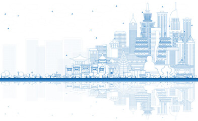 Outline Welcome to Taiwan City Skyline with Blue Buildings and Reflections.