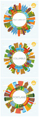 Portland Oregon, Columbus Ohio and Salt Lake City Utah Skylines Set with Color Buildings, Blue Sky and Copy Space.