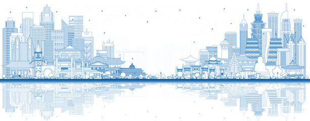 Outline Welcome to Taiwan City Skyline with Blue Buildings and Reflections.