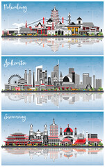 Palembang, Semarang and Jakarta Indonesia City Skylines with Gray Buildings, Blue Sky and Reflections.
