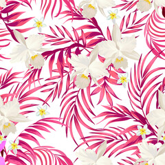 Tropical vector pattern with hibiscus and palm leaves. Jungle background. Exotic wallpaper.