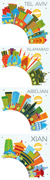 Islamabad Pakistan, Xian China, Tel Aviv Israel and Abidjan Ivory Coast City Skylines Set with Color Buildings, Blue Sky and Copy Space.
