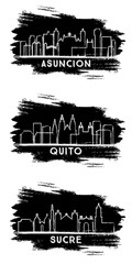 Asuncion Paraguay, Sucre Bolivia and Quito Ecuador City Skyline Silhouettes Set. Hand Drawn Sketch.