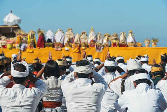 Balinese Praying Together At Melasti Ceremony