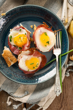 Breakfast: Baked Eggs on Coppa and Hash Browns
