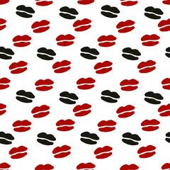 Red black kiss lips. Flat fashion style. Lipstick cosmetic icon isolated on white background. Makeup print. Heart romantic vector. Woman's day, valentine's day. International women day.