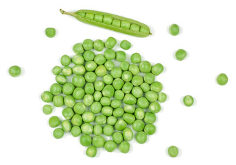 Fresh green peas isolated on white background. top view