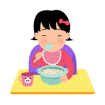 recommend clip art: Asian toddler girl sitting on baby chair eating a bowl of porridge by herself. Happy parenting illustration. World children's day. Flat vector isolated in white background.