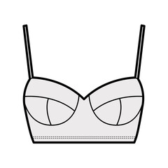 Bustier top technical fashion illustration with cropped length, molded cups, spaghetti straps. Flat bra swimwear lingerie template front, grey color. Women, men, unisex underwear CAD mockup. 