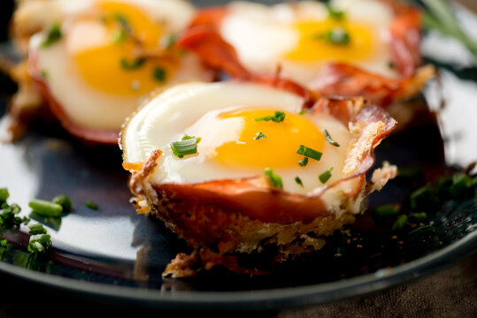 Breakfast: Baked Eggs on Coppa and Hash Browns