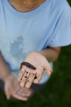 a worm wiggles out of a boy's hand