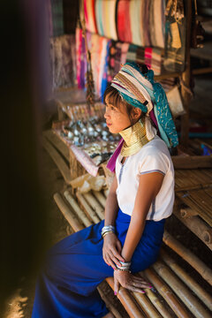 Lifestyle portrait of a Long Neck Tribal woman, Thailand.