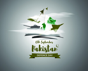 Vector illustration of Pakistan defence day, 6th september, pakistan flag, soldier with rifle and helmet, airforce craft and army tank.