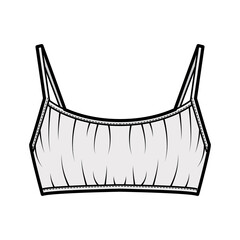Cropped gathered at the front Bra top technical fashion illustration with back hook fastenings, shoulder straps. Flat swimwear lingerie template grey color. Women, men, unisex underwear CAD mockup