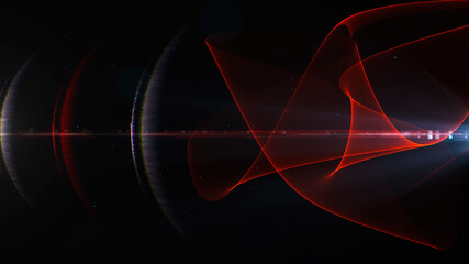 Red line wave on right side with small particle dots. Abstract background illustration. Copy space, 3D rendering
