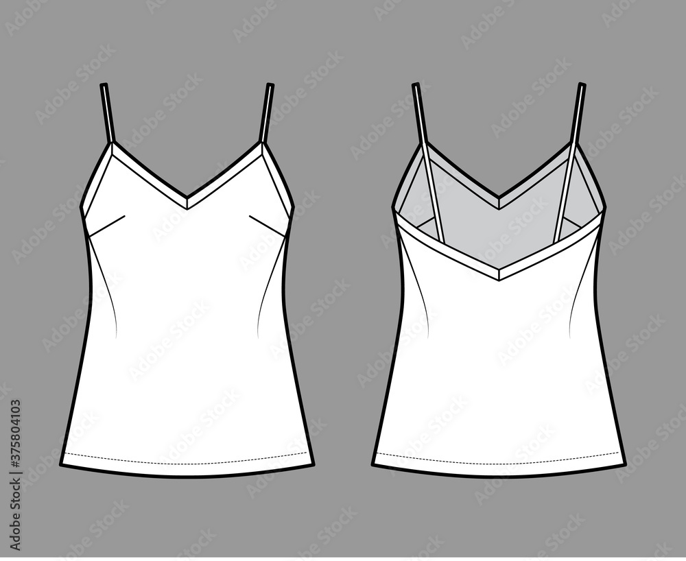 Canvas Prints Camisole technical fashion illustration with V-neck, spaghetti straps, relaxed fit, tunic length. Flat outwear tank apparel template front, back, white color. Women, men unisex shirt top CAD mockup