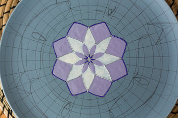 Unfinished decorative plate or platter, painted with violet, grey and silver acrylic paint