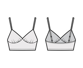 Cropped camisole slip top technical fashion illustration with sweetheart neck, straps, slim fit, waist length. Flat outwear tank template front, back grey color. Women, men unisex shirt camisole CAD