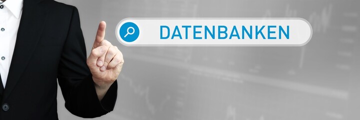 Datenbanken. Mann zeigt mit Finger auf Suchfeld im Internet-Browser. Wort/Text (blau) in der Suche.