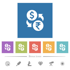 Dollar Rupee money exchange flat white icons in square backgrounds