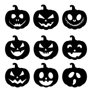 set of silhouette Halloween pumpkin with happy face on white background