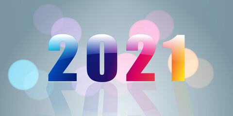 2021 New year colorful festive background with glossy numbers and glowing bokeh lights