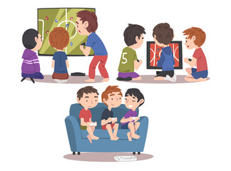 Boys Playing Video Game Together Set, Friends Having Fun with Computer Gaming Cartoon Style Vector Illustration