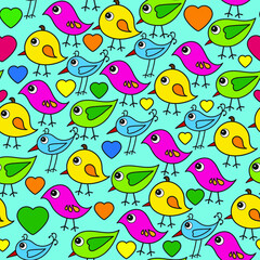 Pattern of bright birds with hearts on a blue background