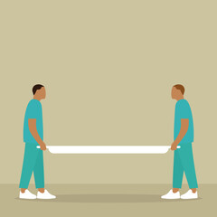 Two male orderlies are holding an empty stretcher