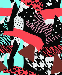 Abstract Hand Drawing Geometric Patchwork with Zebra Leopard Animal Skin Hounds Tooth Shapes Seamless Vector Pattern Colorful Background