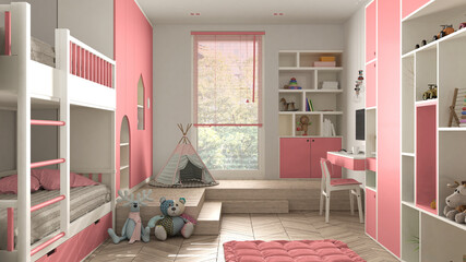 Modern minimalist children bedroom in pink pastel tones, herringbone parquet floor, bunk bed,...