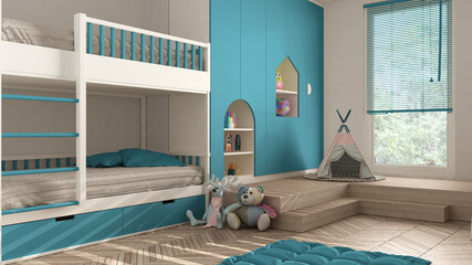 Modern minimalist children bedroom in blue pastel tones, herringbone parquet floor, bunk bed,...