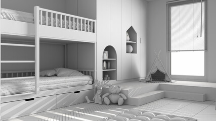 Total white project of modern minimalist children bedroom, herringbone parquet floor, bunk bed, cabinets with toys, puppets and decors, carpet, tepee, interior design concept idea